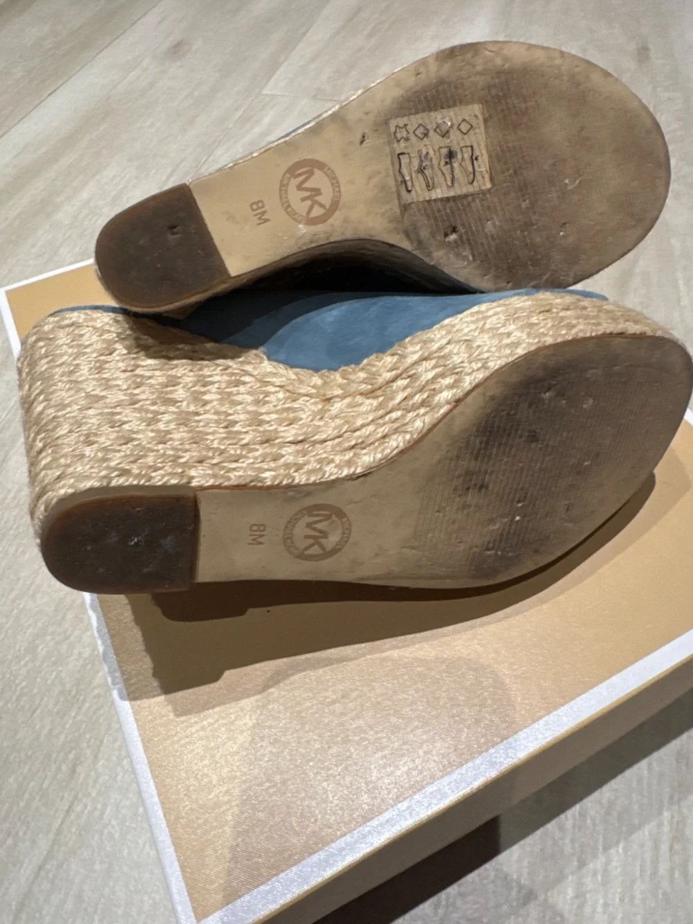 MICHAEL KORS Hastings Espadrille Mule Light Blue Denim Peep Toe Platform Wedges